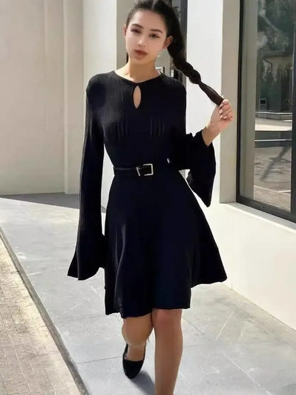 Chic Black Sweater Dress with Round Neck, Flared Sleeves, and Pleated Skirt