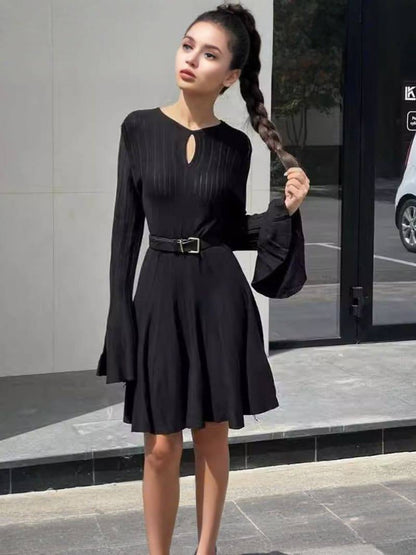 Chic Black Sweater Dress with Round Neck, Flared Sleeves, and Pleated Skirt