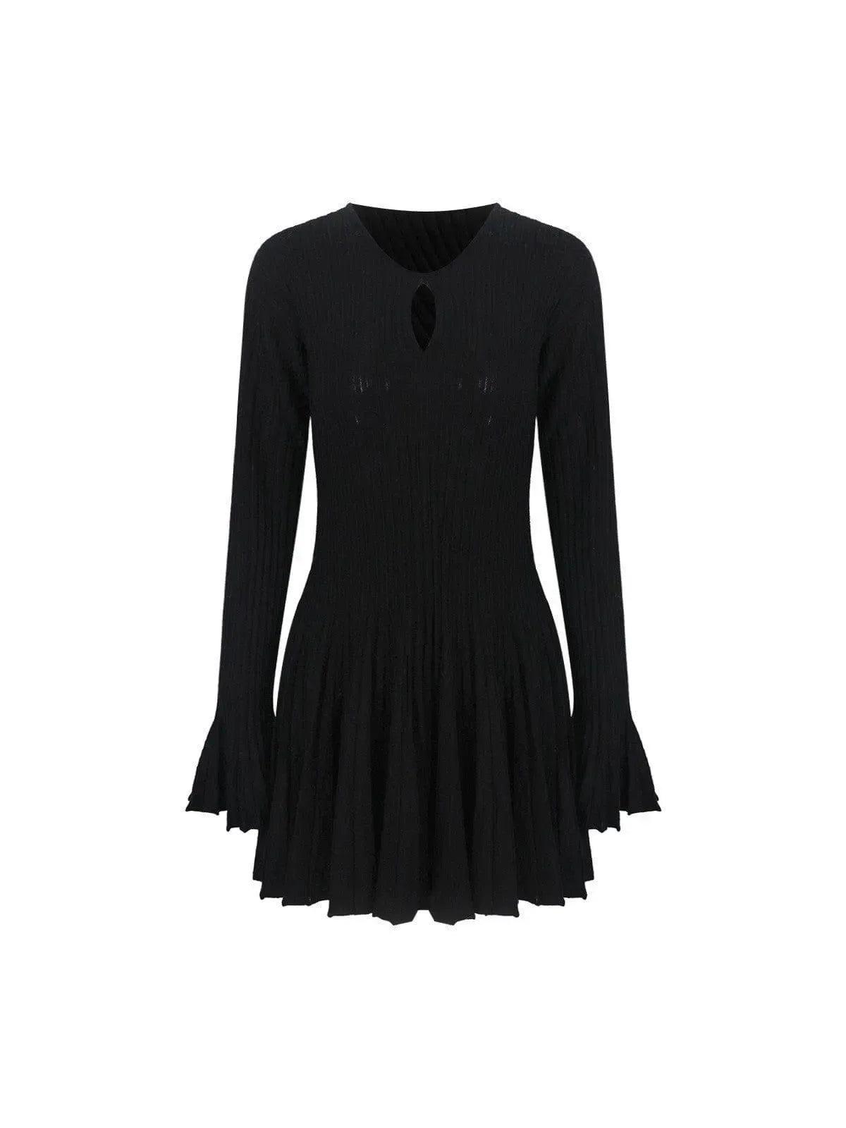 Chic Black Sweater Dress with Round Neck, Flared Sleeves, and Pleated Skirt