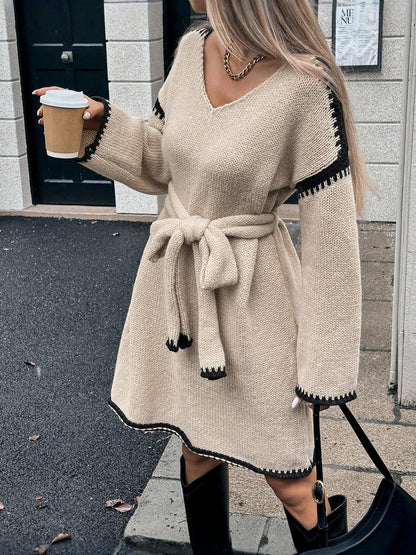 V-Neck Belted Sweater Dress