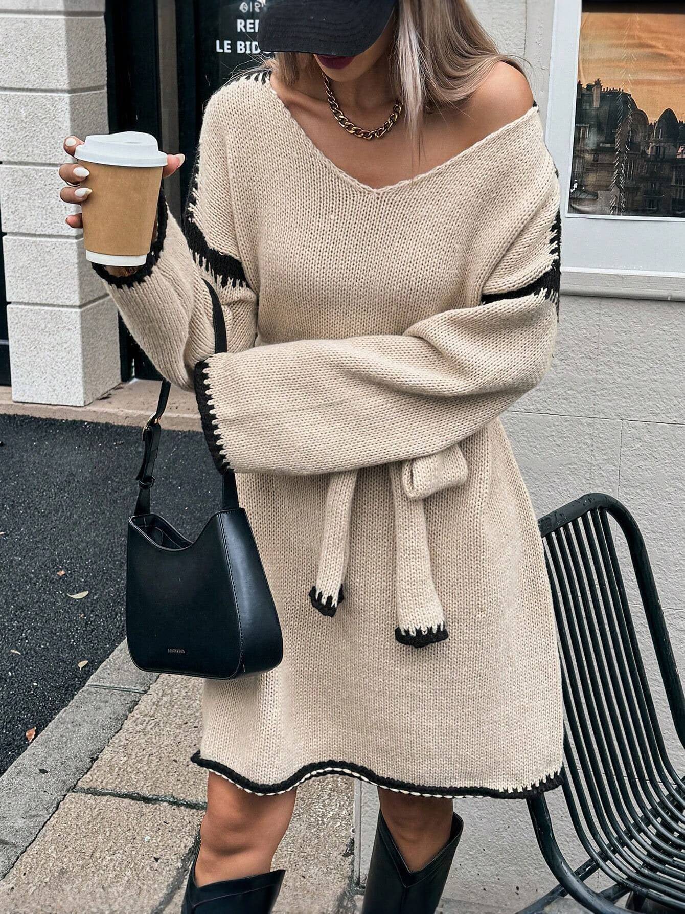 V-Neck Belted Sweater Dress