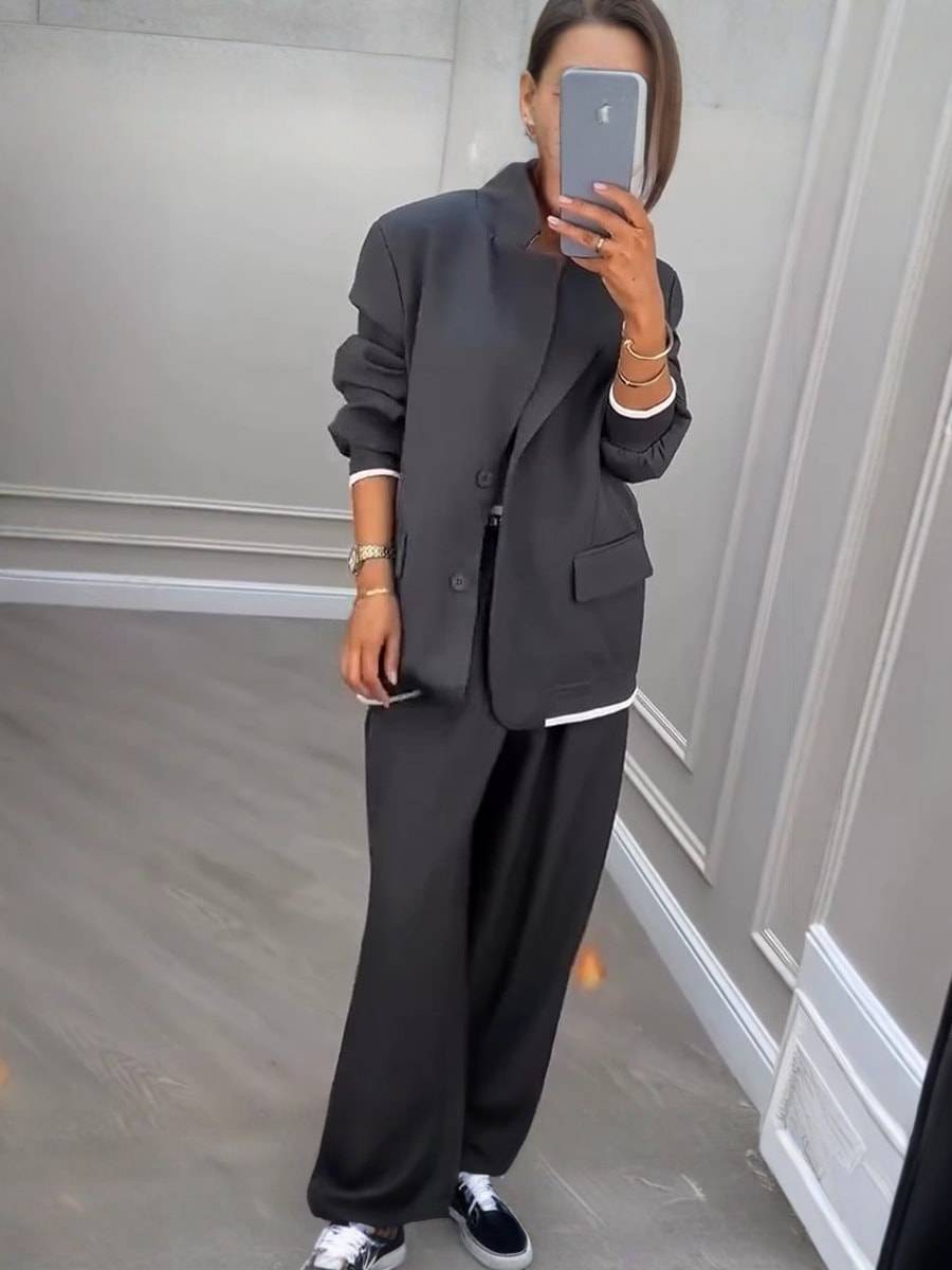 Chic Gray Polyester Set – Classic Style with Impeccable Detail