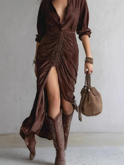 Elegant Long Velvet Pleated Dress