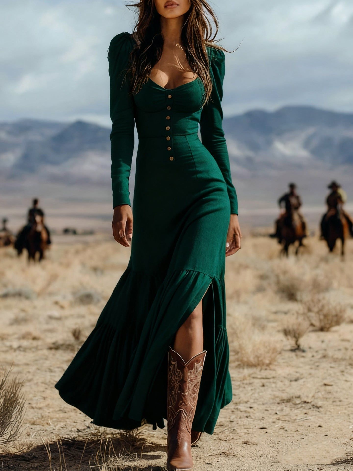 Asymmetrical Long Dress with Ruffled Sleeves