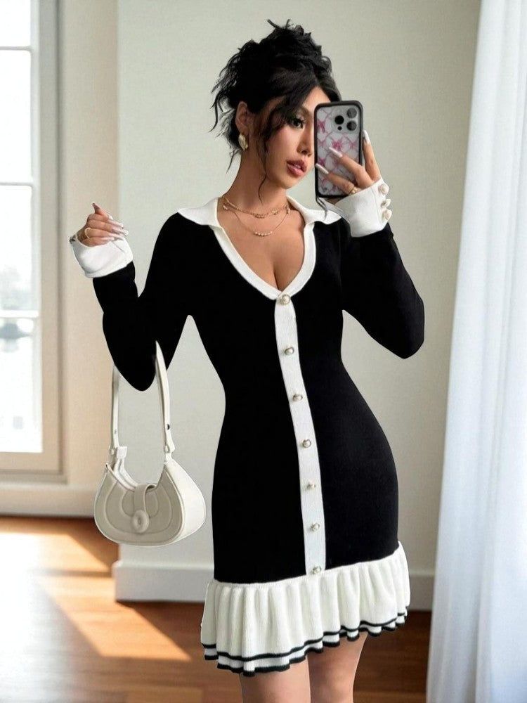 JESSICA | Elegant Black Dress with High Collar and High Waist