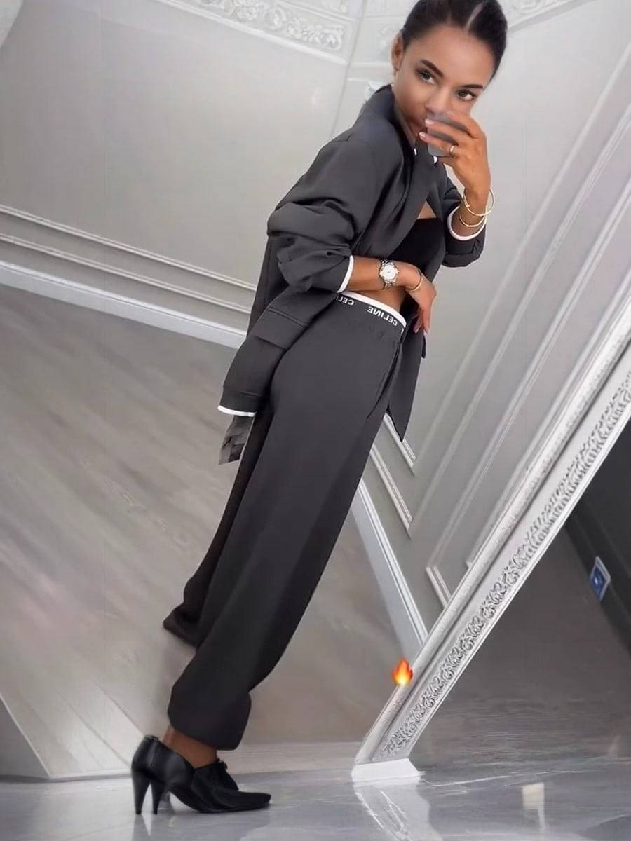 Chic Gray Polyester Set – Classic Style with Impeccable Detail