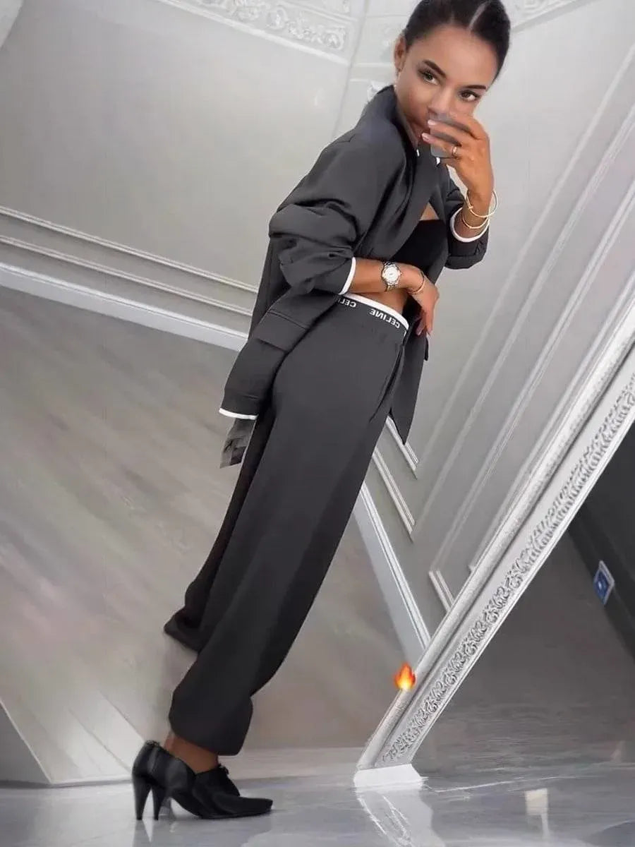 Chic Gray Polyester Set – Classic Style with Impeccable Detail