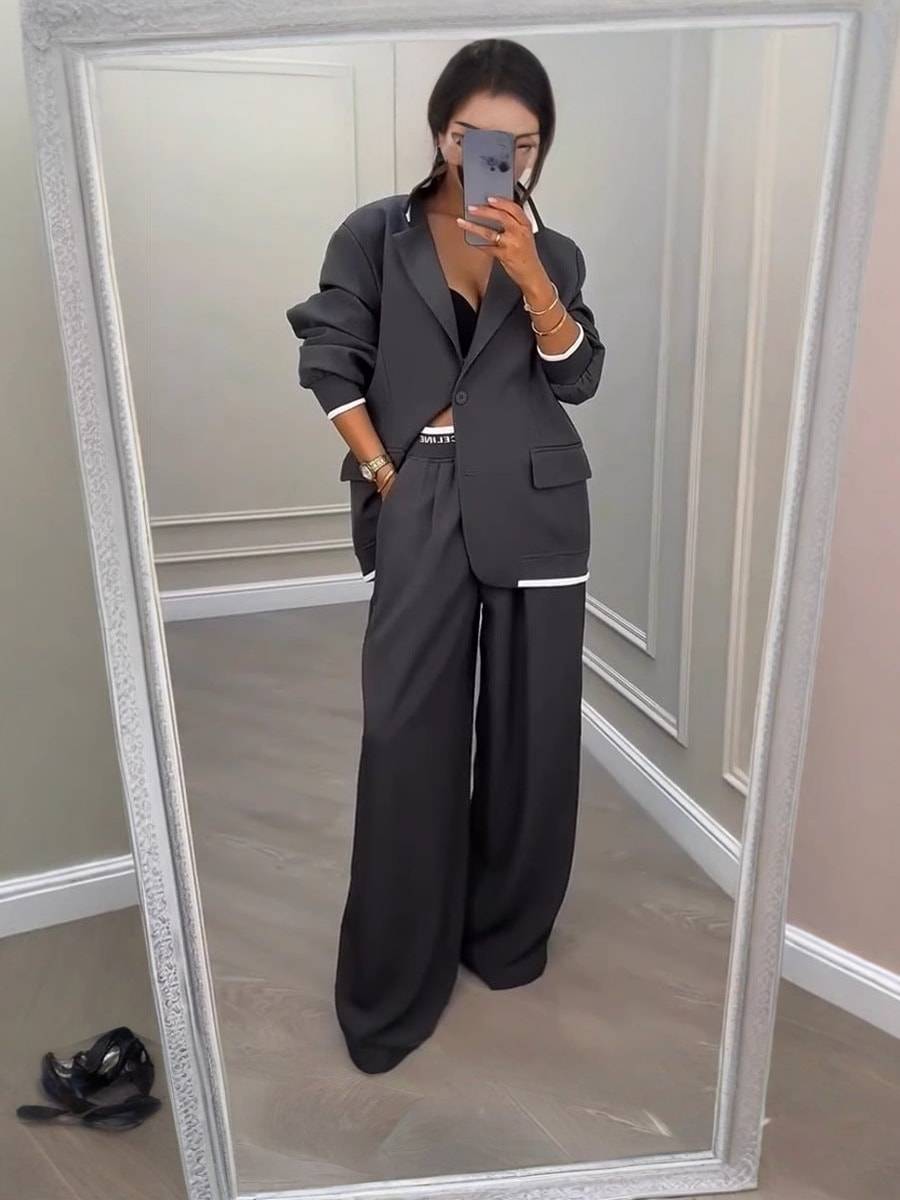 Chic Gray Polyester Set – Classic Style with Impeccable Detail