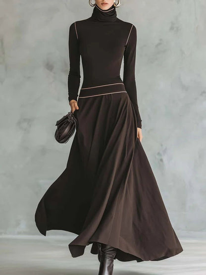 Elegant High-Neck Dark Brown Maxi Dress