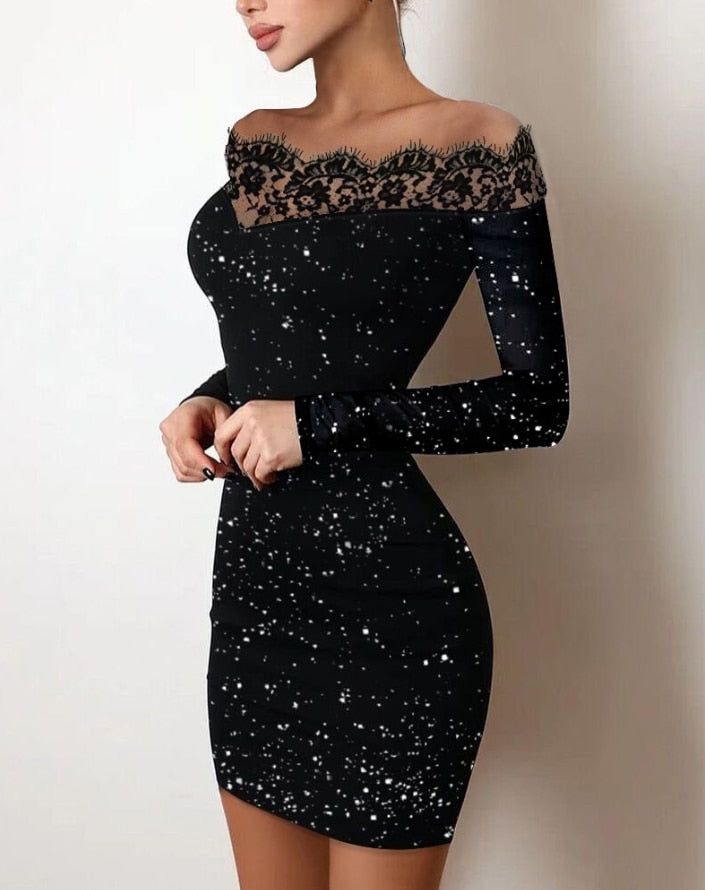 VINA | Chic Black Sequin and Lace Party Dress