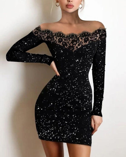 VINA | Chic Black Sequin and Lace Party Dress
