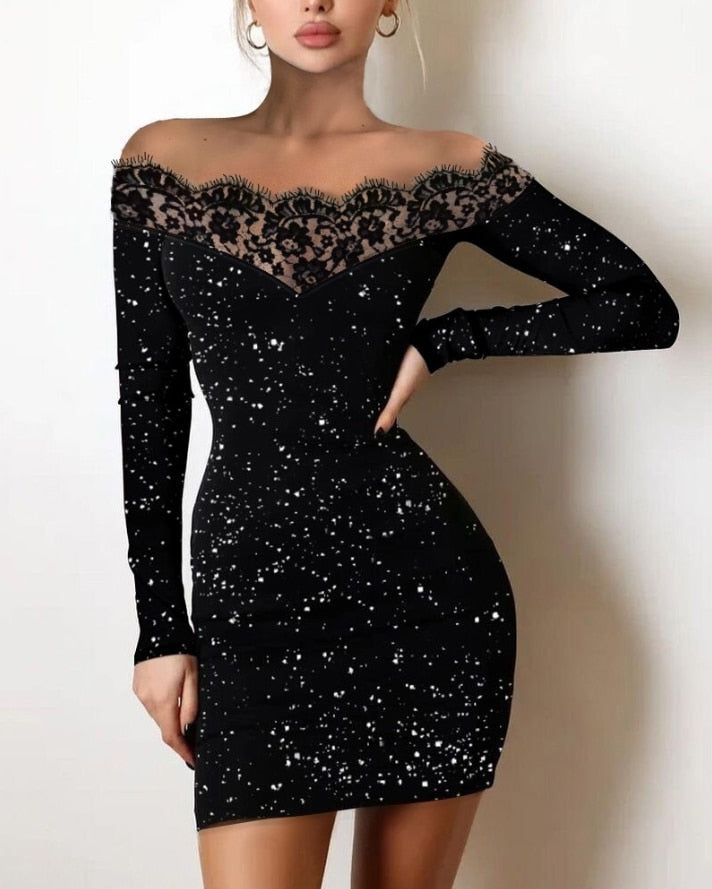 VINA | Chic Black Sequin and Lace Party Dress