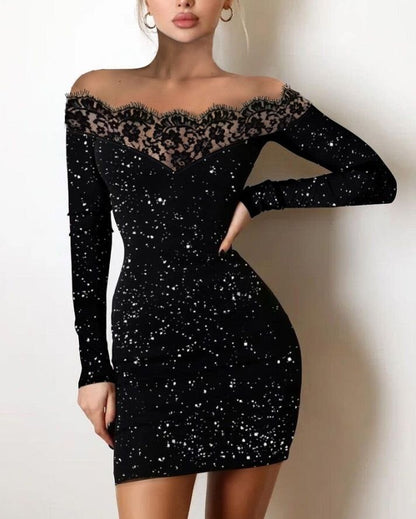 VINA | Chic Black Sequin and Lace Party Dress