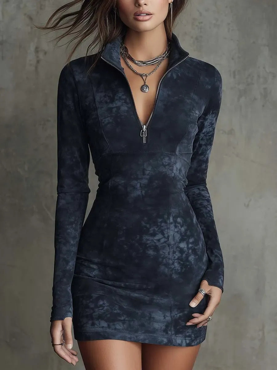 Faux Suede Bodycon Mini Dress with Front Zipper