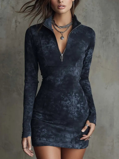 Faux Suede Bodycon Mini Dress with Front Zipper