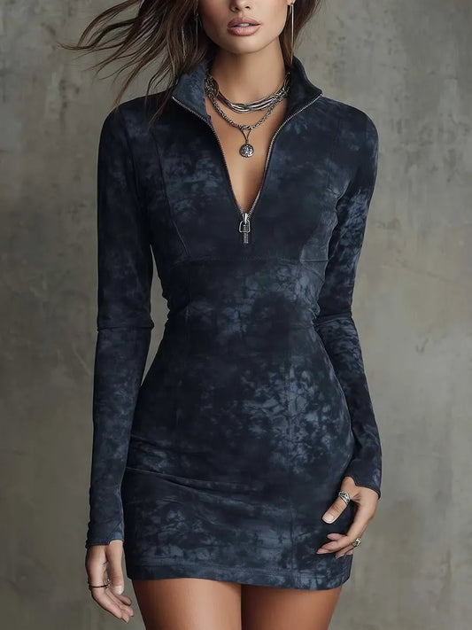 Faux Suede Bodycon Mini Dress with Front Zipper