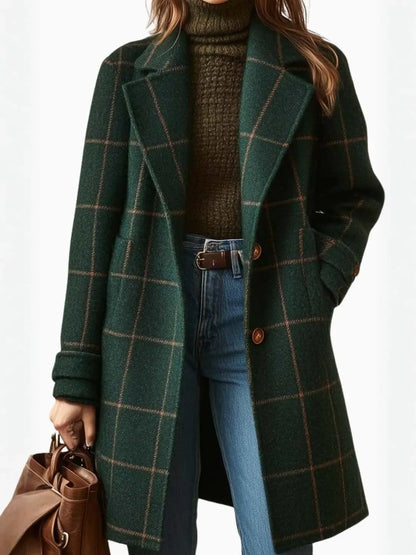 Long Plaid Tweed Coat with Lapel
