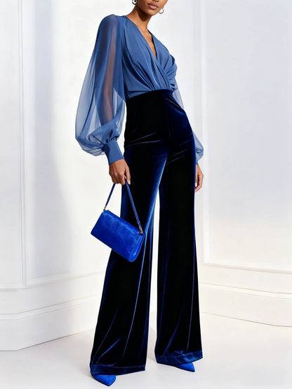 Blue mesh V-neck long-sleeved velvet jumpsuit