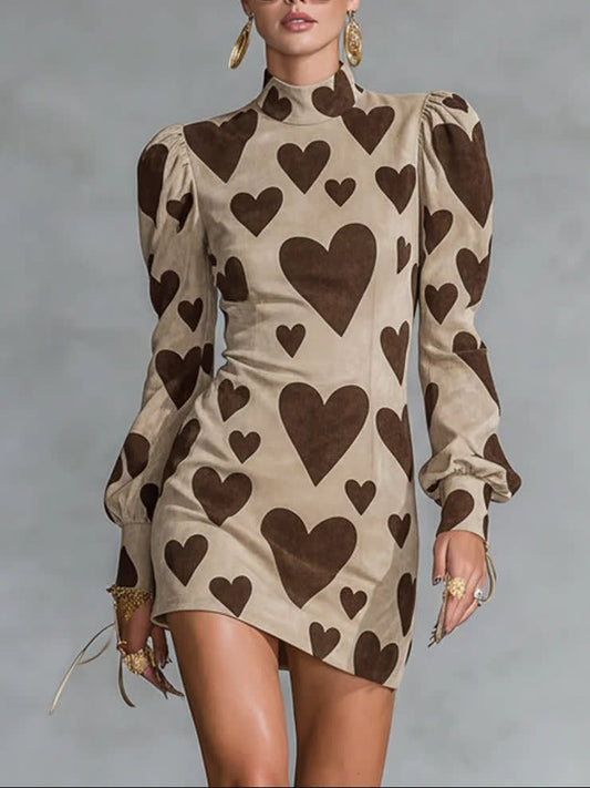 Heart Print Puff Sleeve Mini Dress in Faux Suede