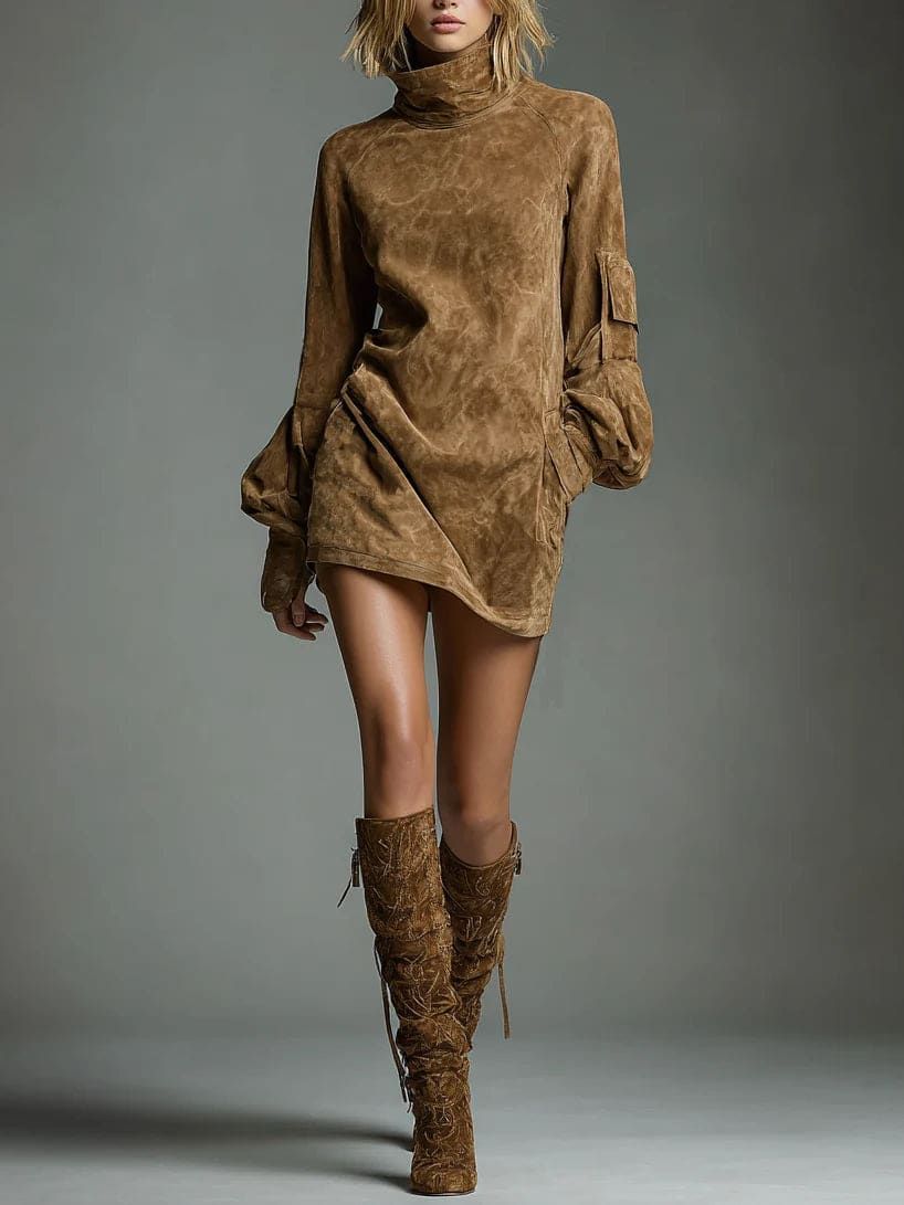 Turtleneck Suede Mini Dress