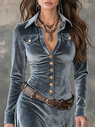 Gray Velvet Maxi Dress with Lapel and Metal Buttons (Includes Belt)