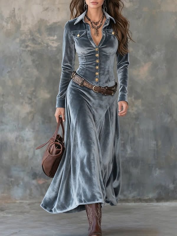 Gray Velvet Maxi Dress with Lapel and Metal Buttons (Includes Belt)