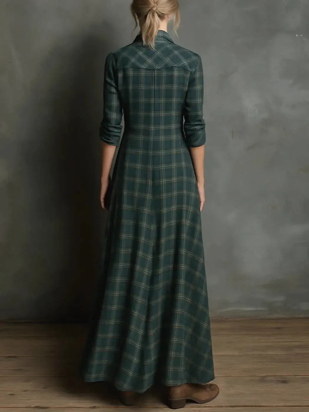Checkered Lapel Long Dress in Green