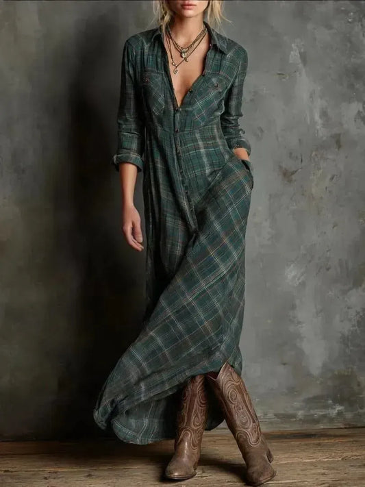 Checkered Lapel Long Dress in Green