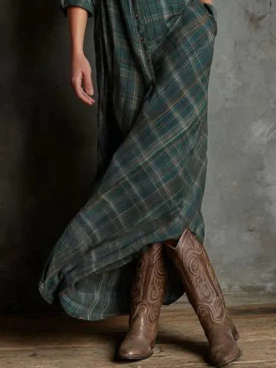 Checkered Lapel Long Dress in Green