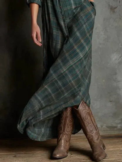 Checkered Lapel Long Dress in Green