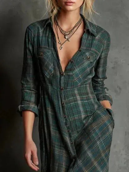 Checkered Lapel Long Dress in Green