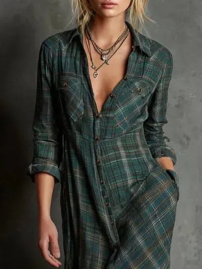 Checkered Lapel Long Dress in Green