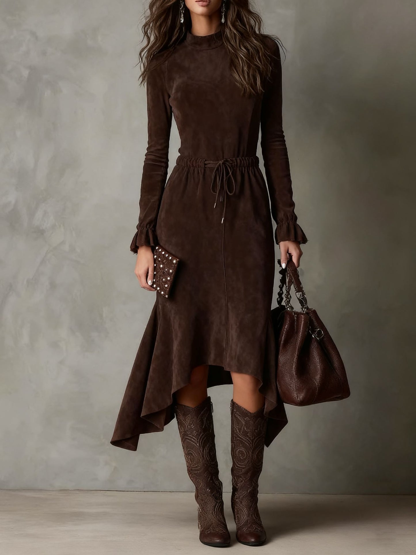 Long Suede Dress with Waist Ties