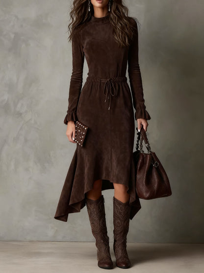 Long Suede Dress with Waist Ties