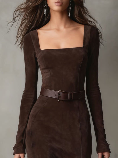ISALINE | Long Suede Square Neck Dress