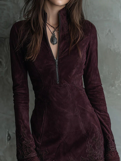 Embroidered Suede Dress