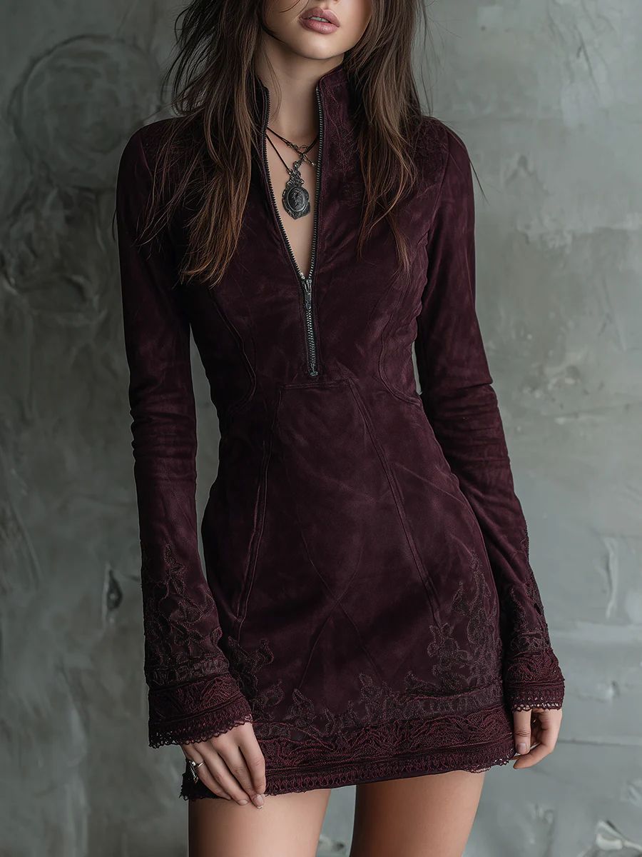 Embroidered Suede Dress