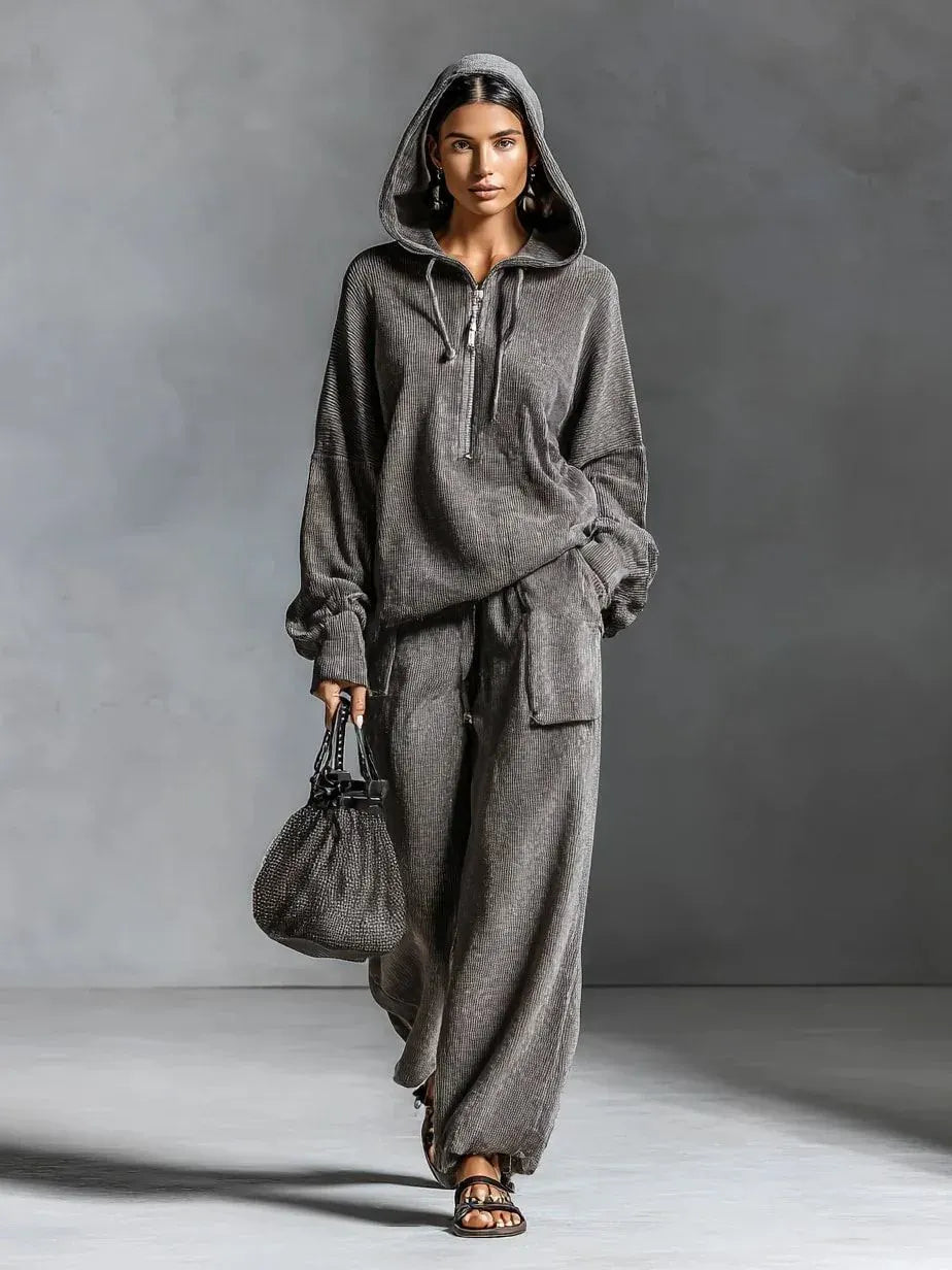 Dark Gray Hooded Corduroy Sweatshirt and Straight-Leg Pants Set