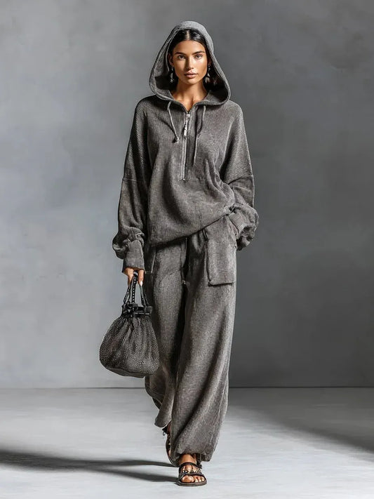 Dark Gray Hooded Corduroy Sweatshirt and Straight-Leg Pants Set