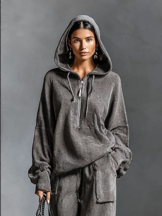 Dark Gray Hooded Corduroy Sweatshirt and Straight-Leg Pants Set