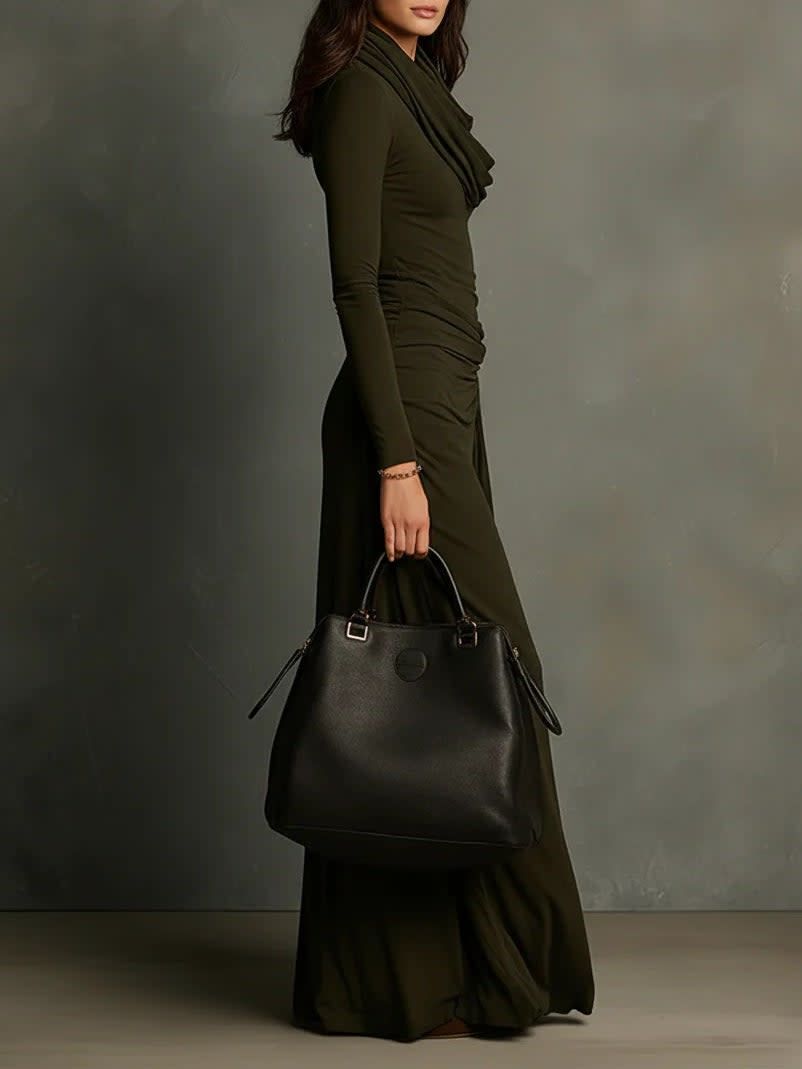 Olive Green Pleated Maxi Dress with Turtleneck