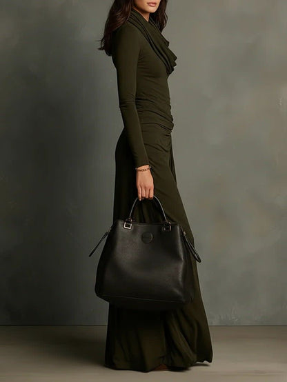 Olive Green Pleated Maxi Dress with Turtleneck