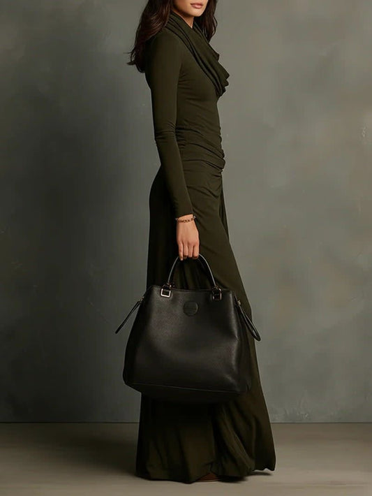 Olive Green Pleated Maxi Dress with Turtleneck