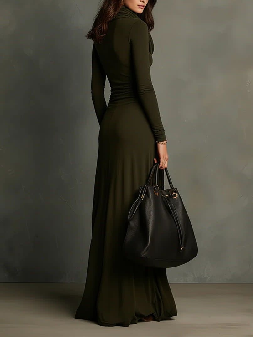 Olive Green Pleated Maxi Dress with Turtleneck