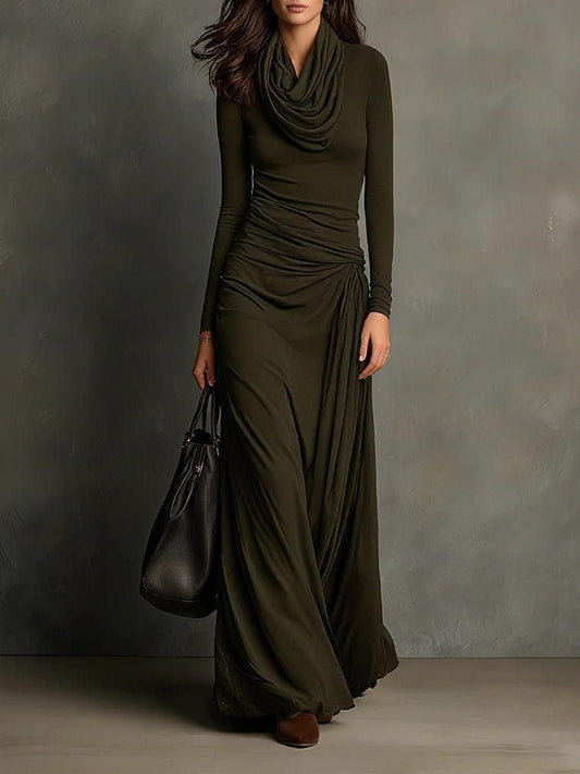 Olive Green Pleated Maxi Dress with Turtleneck