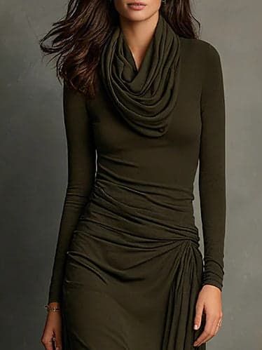 Olive Green Pleated Maxi Dress with Turtleneck