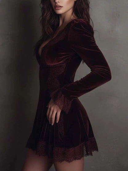 Burgundy Velvet V-Neck Mini Dress with Lace Trim