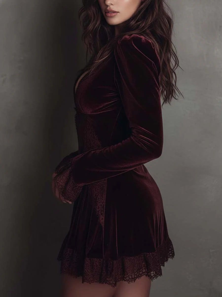 Burgundy Velvet V-Neck Mini Dress with Lace Trim