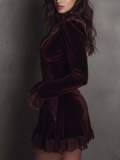 Burgundy Velvet V-Neck Mini Dress with Lace Trim
