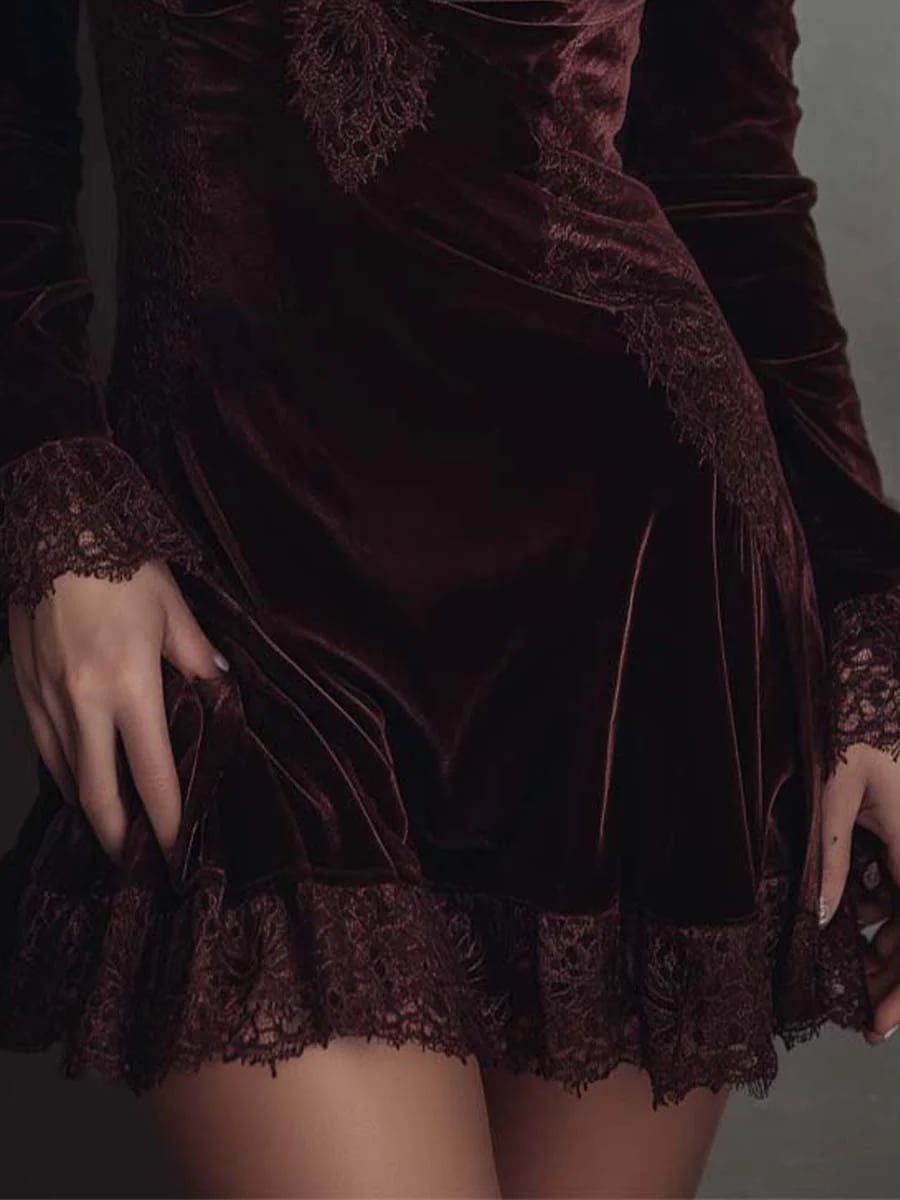 Burgundy Velvet V-Neck Mini Dress with Lace Trim